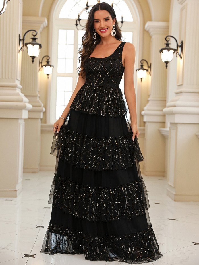 Summer Women's Slash Shoulder Cascading Ruffles Mesh  Elegant Chic Long Evening Dress