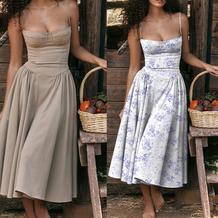 Fashionable Sexy Solid Color Strap A-line Dress