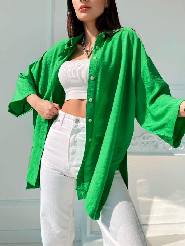 Shirt Women's Loose Bell Bottom Sleeve Spring Summer Comfortable Casual Solid Color Slit Shirt