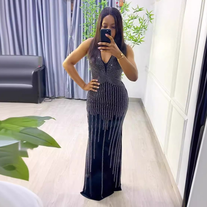 Sexy Beaded V-Neck Sleeveless Slim Elastic Long Dress