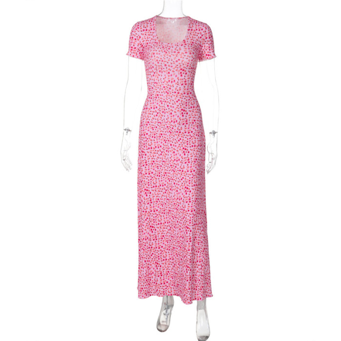 Women Summer Printed U-neck Lace-Up Short Sleeve Dress