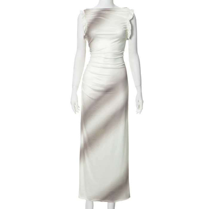 Women's Summer Elegant Chic Ruffle Sleeveless Gathered High Waist Slim Long Dress