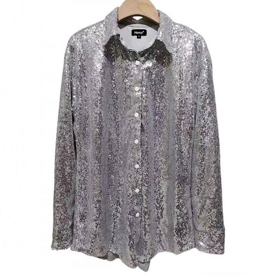 Women Sequined Long Sleeve Oversized Maxi Sequin Shirt