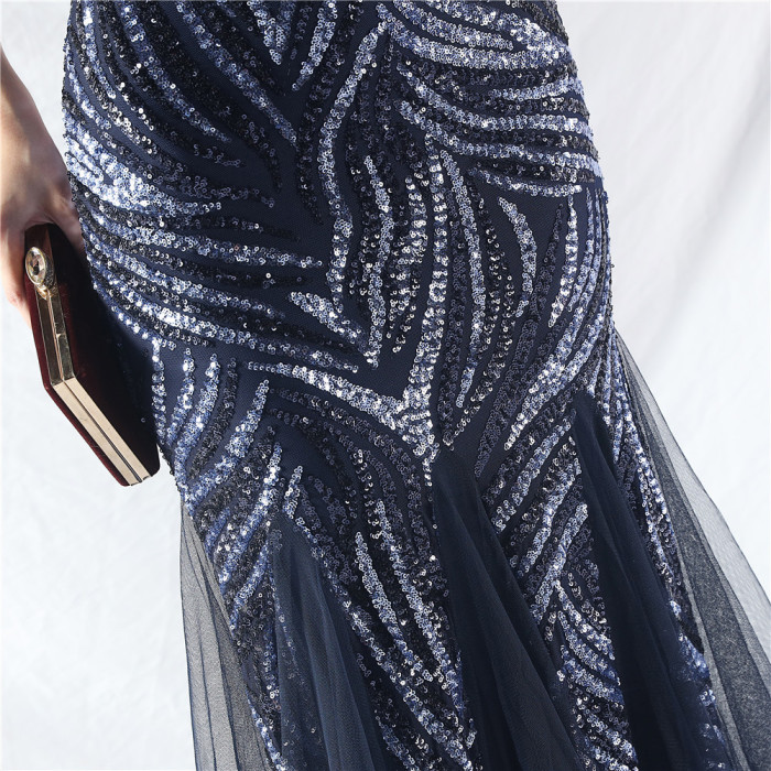 Sequin Mesh Patchwork Strapless Mermaid Evening Dress