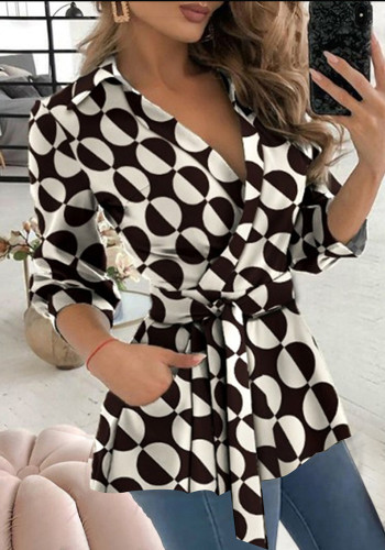Women Autumn Printed Long Sleeve V Neck Belt Shirt