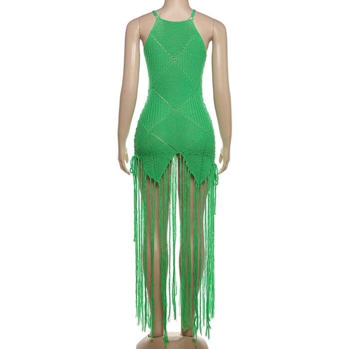 Women summer Style Knitting sexy tassel sleeveless See-Through dress