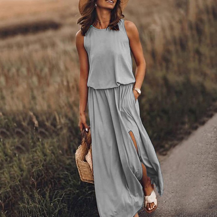 Summer Women's Trendy Retro Round Neck Sleeveless Slit Solid Color Casual Dress