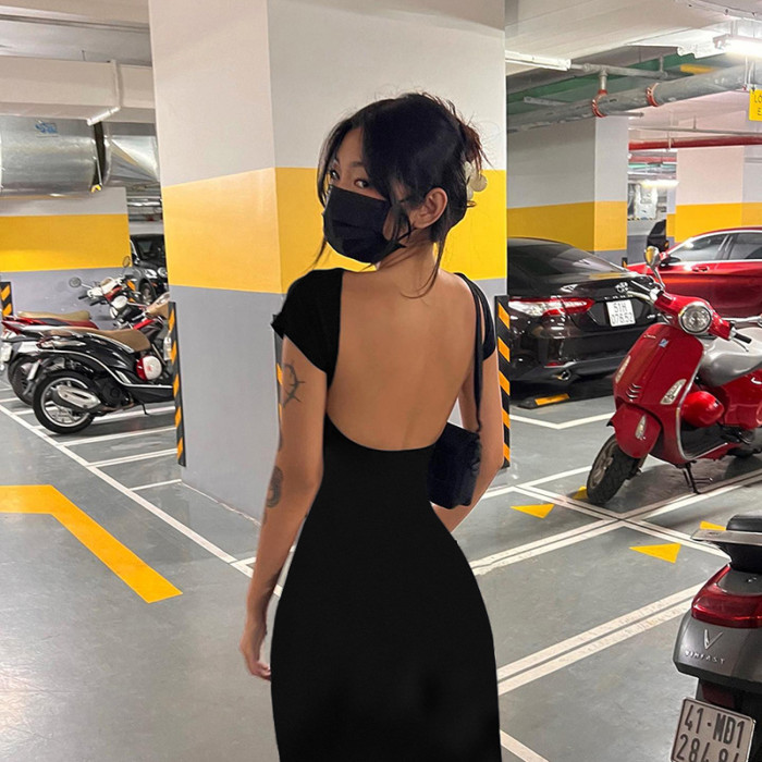 Women Short Sleeve Round Neck Bodycon Backless Dress