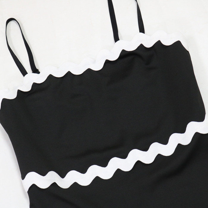 Women Strap Solid Wave Ribbon Patchwork Solid Strap Dress