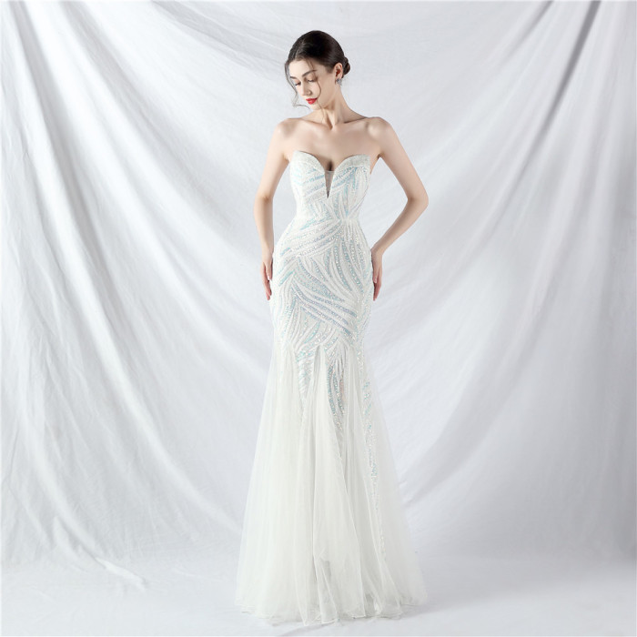 Sequin Mesh Patchwork Strapless Mermaid Evening Dress
