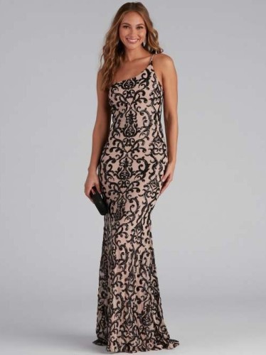 Women chic sequin sexy slash shoulder formal party evening dress