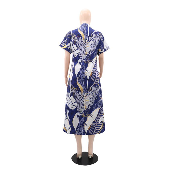 Women Printed Short Sleeve Beach Casual Shirt Long Dress