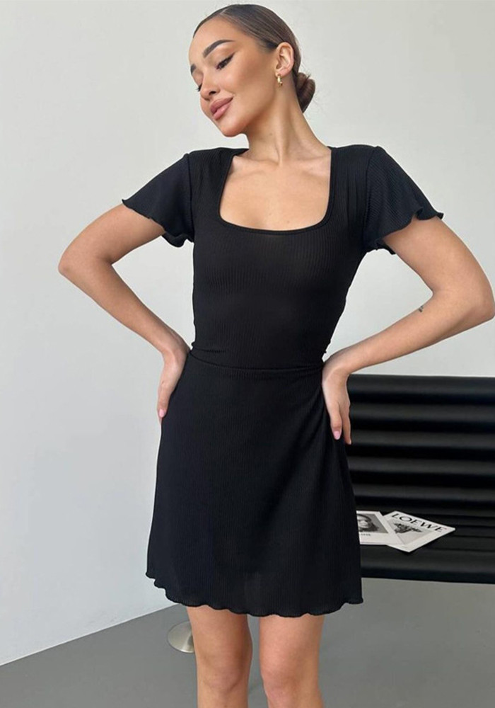Women Summer Solid Wave Edge Short Sleeve Dress