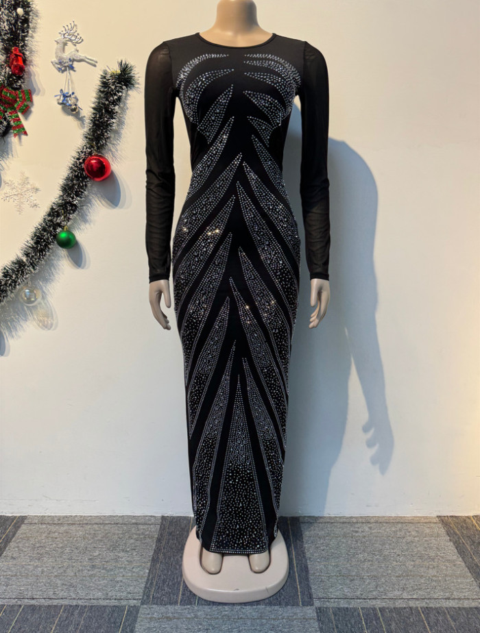 Women Beaded See-Through Patchwork Bodycon Elastic slit dress