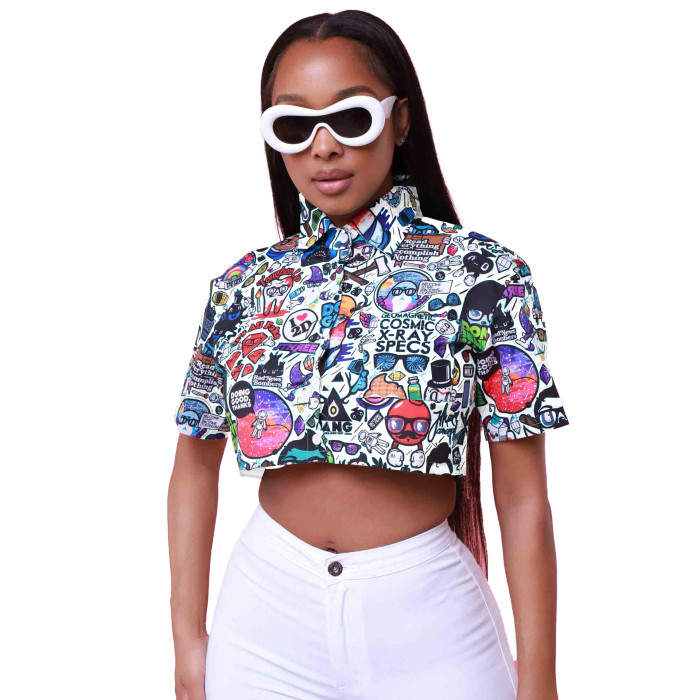 Women's Casual Style Print Turndown Collar Short Sleeve Shirt Top