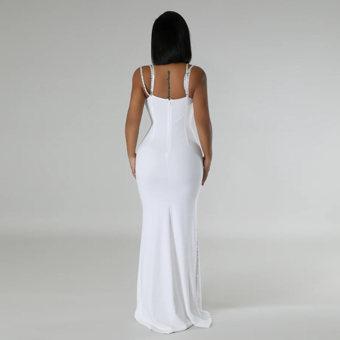 Women Sexy Strapless Beaded Maxi Evening Dress