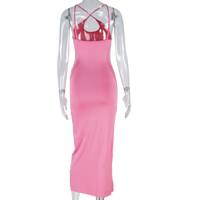 Women Solid Sexy Halter Neck Backless Cross Slit Dress