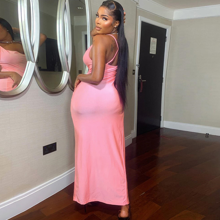 Women Solid Sexy Halter Neck Backless Cross Slit Dress