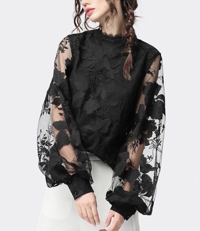 Women Lace Puff Sleeve Sheer Round Neck Solid Shirt
