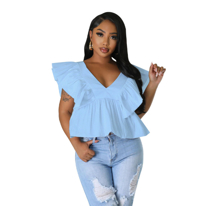 Women's V-Neck Low Back Tie Fly Sleeve Printed Top