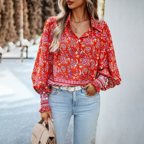Printed Shirt Women Autumn Winter Holidays Casual Long Sleeve Top