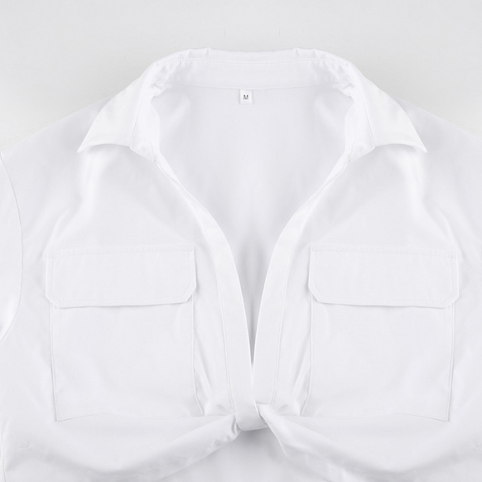 WomenSexy Knot Solid Polo Collar Crop Shirt