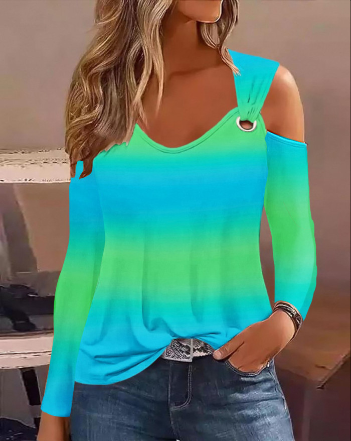 Women Autumn Metal Button V-Neck Shirt