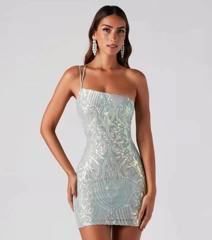 Summer Fashion Sexy Slash Shoulder Strap Sequin Mini Bodycon Dress Formal Party Gown