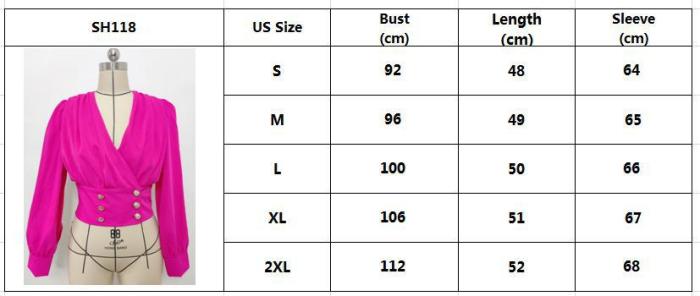 Women's V-Neck Sexy Long-Sleeved Short Slim Waist Puff Sleeve Solid Color Pleated Shirt