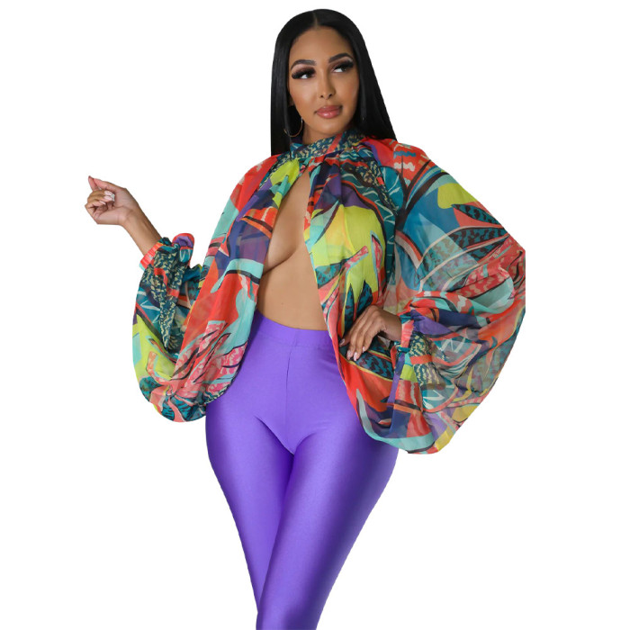 Women's Summer Lace-Up Printed Chiffon Shirt Bat Sleeves Top