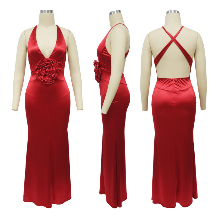 Women Elegant flower V-Neck sleeveless dress