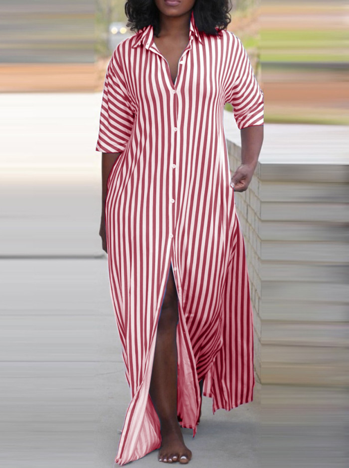 Women Summer Loose V-Neck Long Striped Shirt Dress