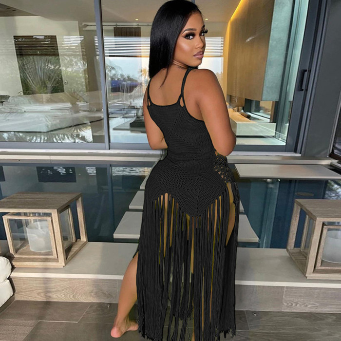 Women summer Style Knitting sexy tassel sleeveless See-Through dress