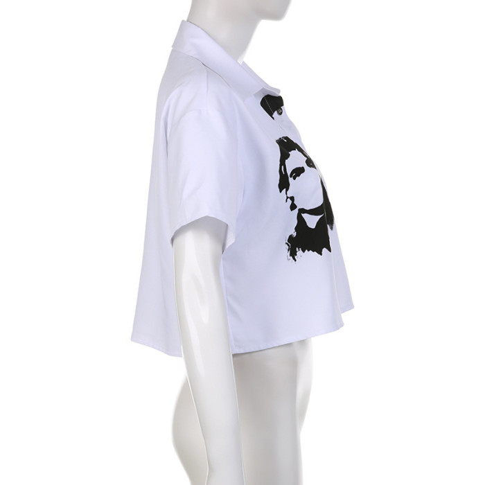 Spring Summer Fashion Trend Ladies Abstract Face Print Turndown Collar Short Sleeve Button Loose Cropped Shirt