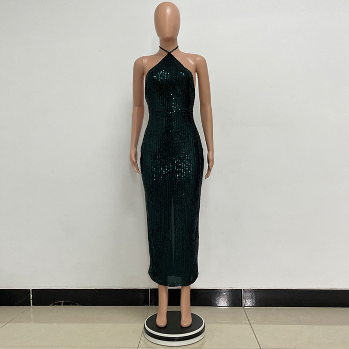 Women sleeveless French split sequin party Evening Dress