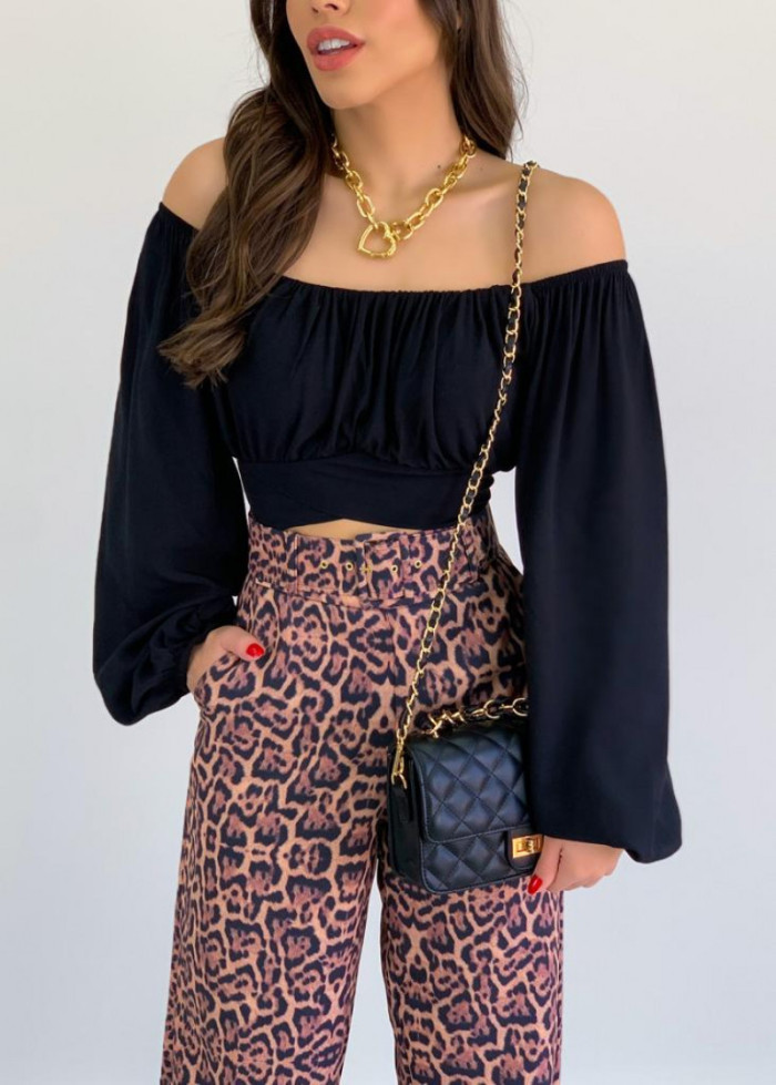 Top Women's Solid Color Lantern Sleeve Off Shoulder Sexy Puff Sleeve Crop Shirt