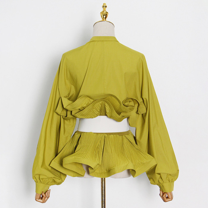 Long Sleeve Ruffle Blouse Women Autumn High Waist Stand Collar Slim Top with Belt