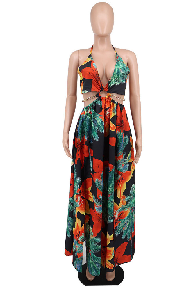 Women's Floral Printed Halter Blackless Slit Maxi Dress