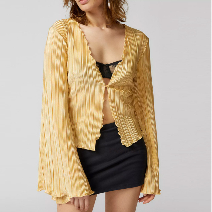 Fall Single Breasted Top Women Solid Color Bell Bottom Sleeve Cardigan Top