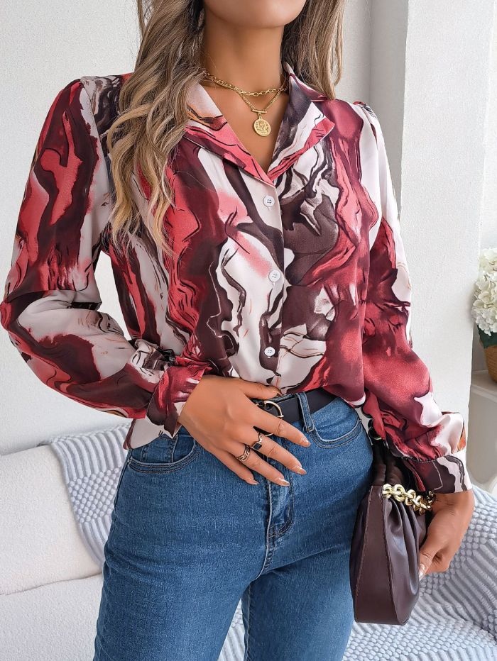 Fall Winter Casual Contrast Stripe Turndown Collar Long Sleeve Shirt