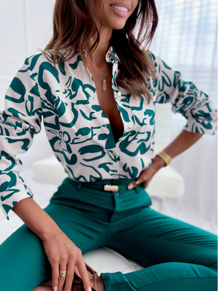 Women Shirt Regular Digital Printing Blouse Spring Autumn Chic Long Sleeve Shirt