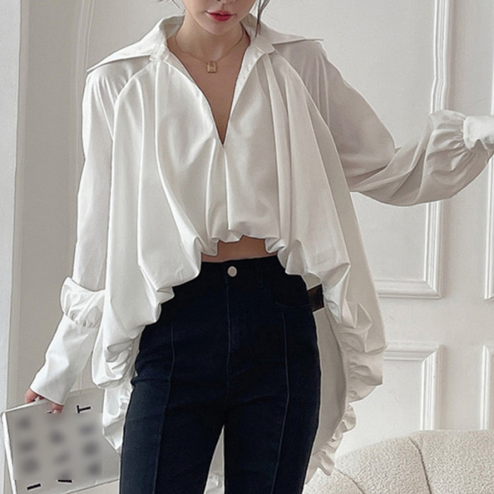 Fall Turndown Collar Balloon Sleeve Long Cuff Pleated Solid Color Irregular Women's Open Waist Shirt