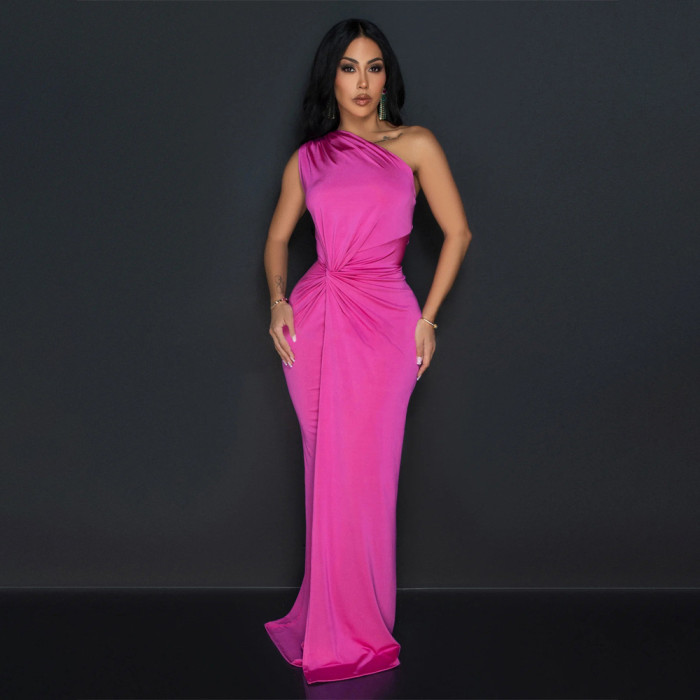 Fashion Women's Solid Color Slash Shoulder Sleeveless Slim long Dress