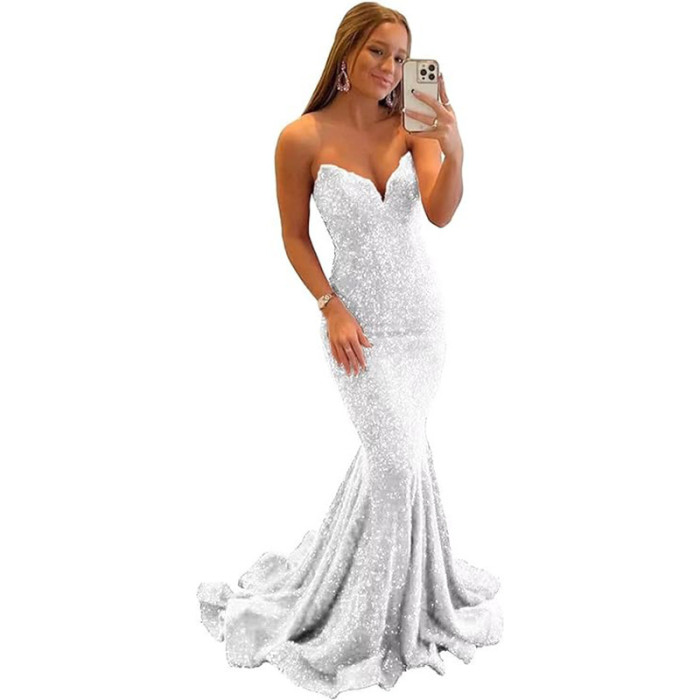 Women Sequined Ball Party Fishtail Shining V Neck Evening Dress