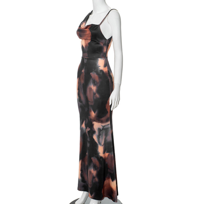 Women's Summer Chic Elegant Print Slim High Waist Fishtail Long Dress