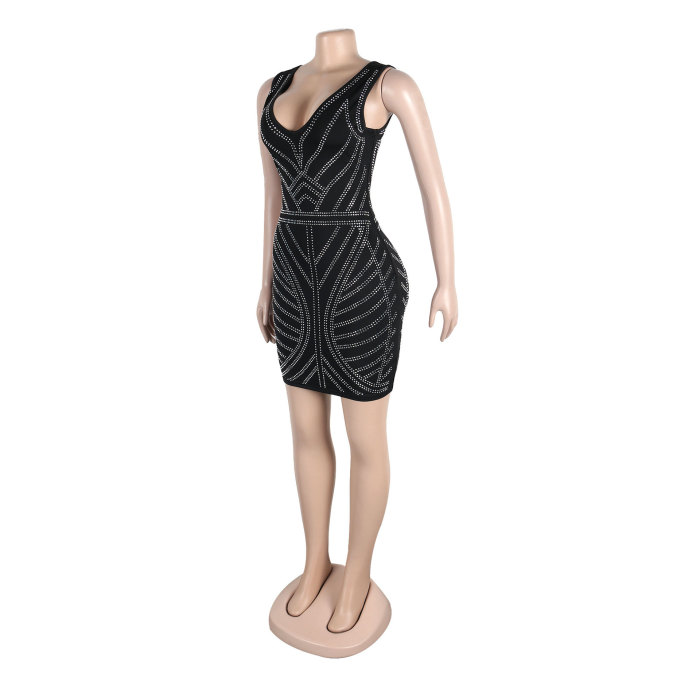 Women sexy beaded v-neck bodycon stretch dress