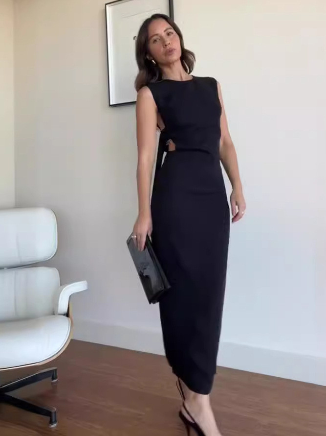 Summer solid color round neck sexy low back High slit long dress