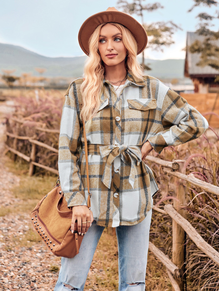 Autumn/Winter Casual Blouse Turndowm Collar Plaid Waist Ladies Long Sleeve Shirt Jacket