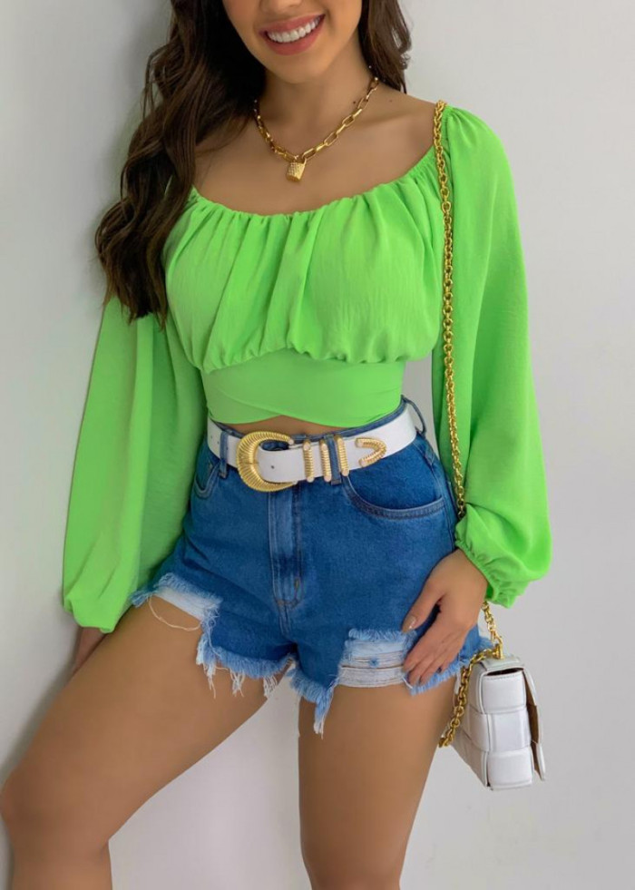 Top Women's Solid Color Lantern Sleeve Off Shoulder Sexy Puff Sleeve Crop Shirt