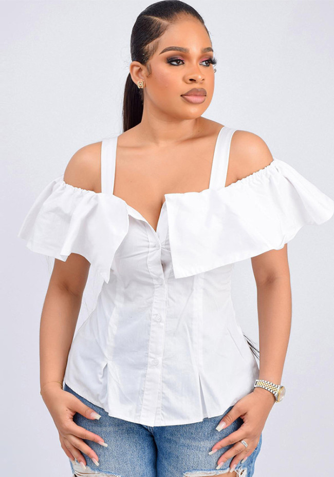 Women's Spring Summer Shirt Button Up Slim Waist Off Shoulder Ruffled Strap Adjuster Top